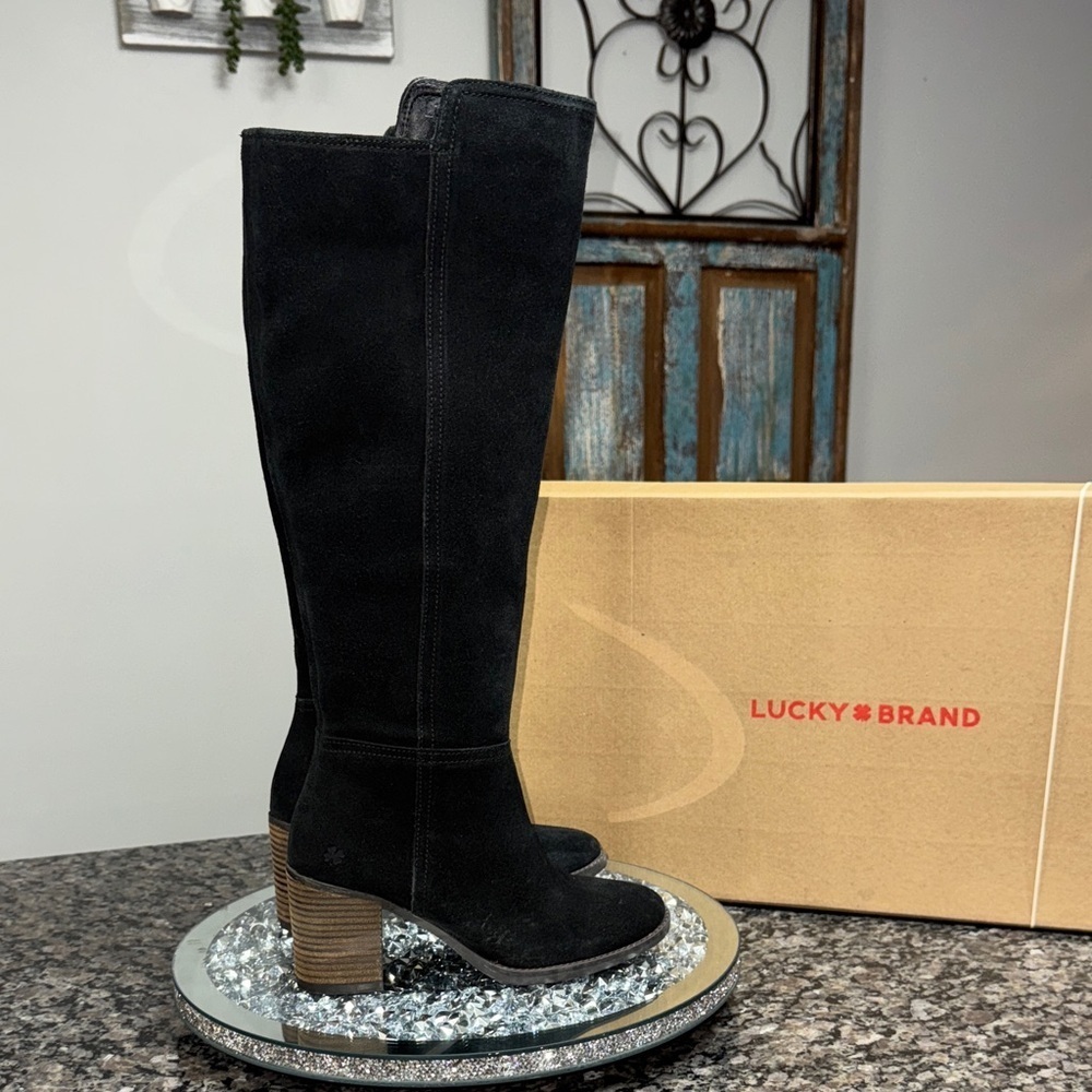Lucky Brand Bonnay Black Suede tall Knee-High Boots NWT 5